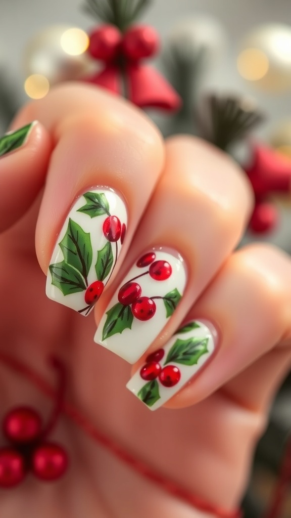 Christmas nail art with holly leaves and red berries on a festive background.